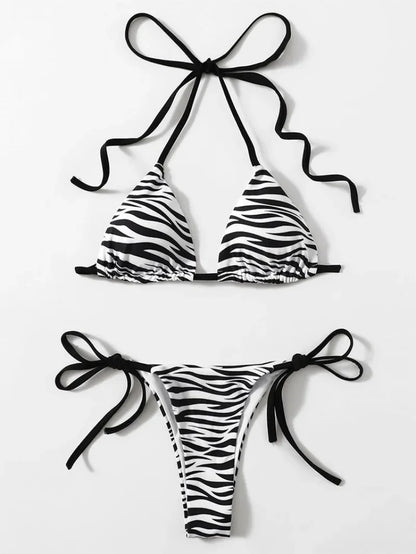zebra striped micro bikini women halter push up bra triangle swimsuit Brazilian summer bathing suit swimwear 2024 swimming suit