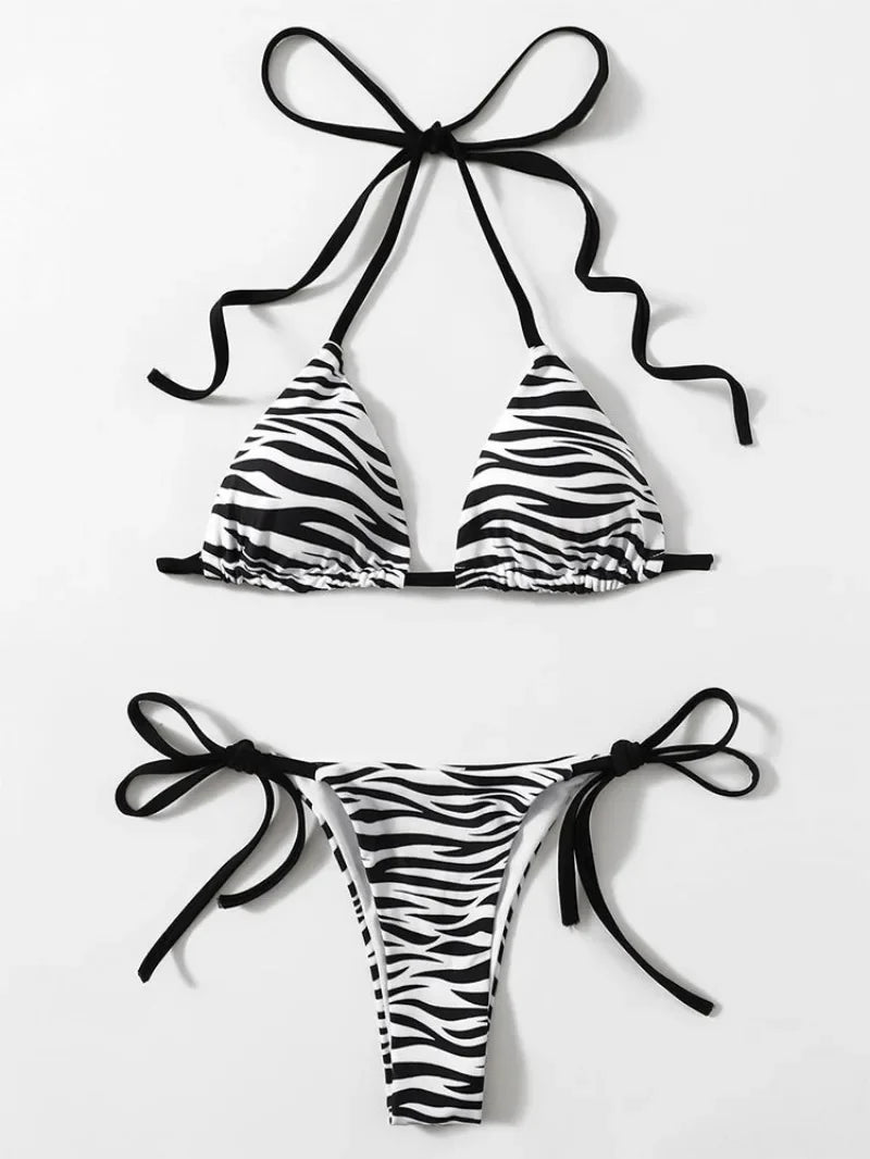 zebra striped micro bikini women halter push up bra triangle swimsuit Brazilian summer bathing suit swimwear 2024 swimming suit