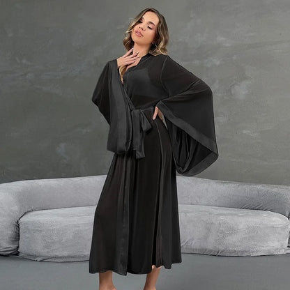 Female Sheer Shapewear Robes Fashion Long Sleeve Thin Lingerie Women Lace Up Long Sexy Mesh Robes