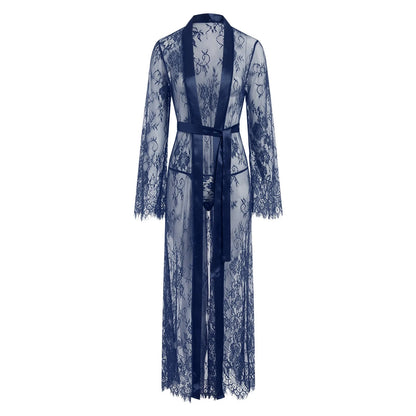 Women Nightgown Mesh See Through Nightdress Sexy Lingerie Lace Long Night Robe Gown Set Thong Long Sleeve Exotic Babydoll Dress