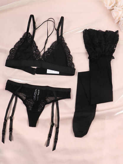 Varsbaby Lace Bra Sets for Women Non-padded Bra Panty Garter Stockings Summer Underwear Lingerie Sexy