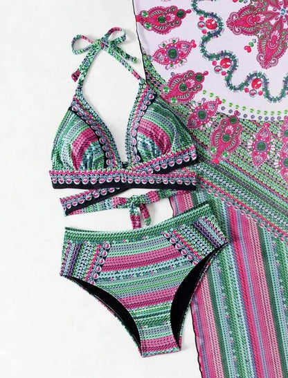 Vintage National Bikini Swimsuit With Mesh Cover Ups Cross Front Halter Bikini 3 Piece Set Blue/Green/Red High Waist Beachwear