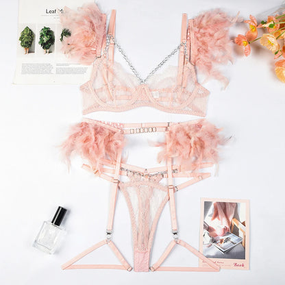 3-Piece Feather Decorated Lace Exotic Sets Women Sexy Patchwork Lingerie Set Chain Bra Panty Garter Underwear Kit For Female