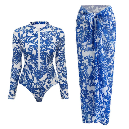 One Piece Swimsuit Long Sleeve Zip Front Blue White One Piece Surf Swimsuit and Sarong Swimwear Slimming Bathing Suit Beach Wear