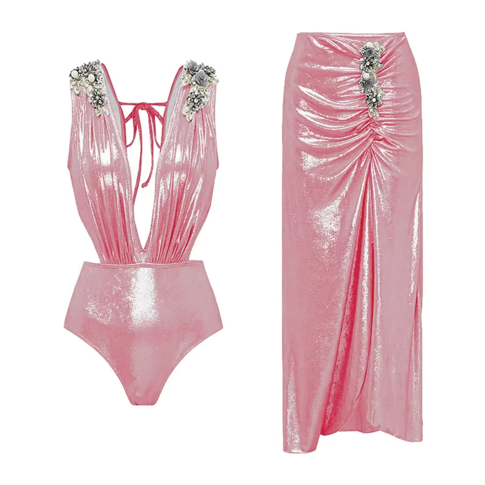 2025 New Swimsuit High-End Design 2/3Pcs Floral Print Ruffle Slimming Holiday Sexy Hot Spring One Piece Swimsuit for Women