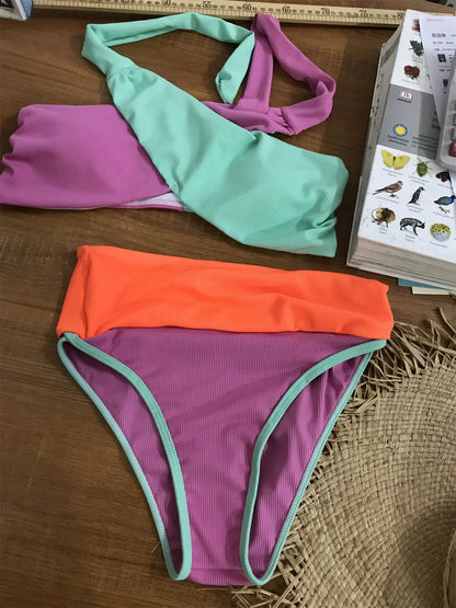 Multi S - XL Ribbed Cross Bikini Women Swimwear Female Swimsuit Two-pieces Bikini set High Waist Bather Bathing Suit Swim 2024