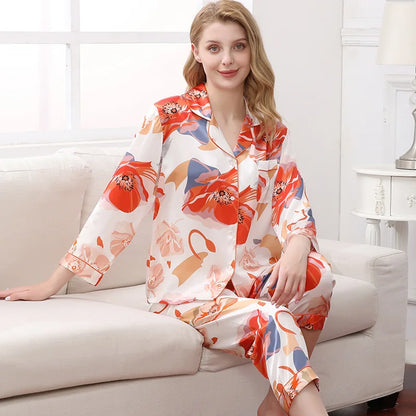 Birdtree Fall 16MM 100%Real Silk Pajama Set Women Satin Print Pyjama Pj Suit Long Sleeve Bedroom Sleepwear Set P36637QC