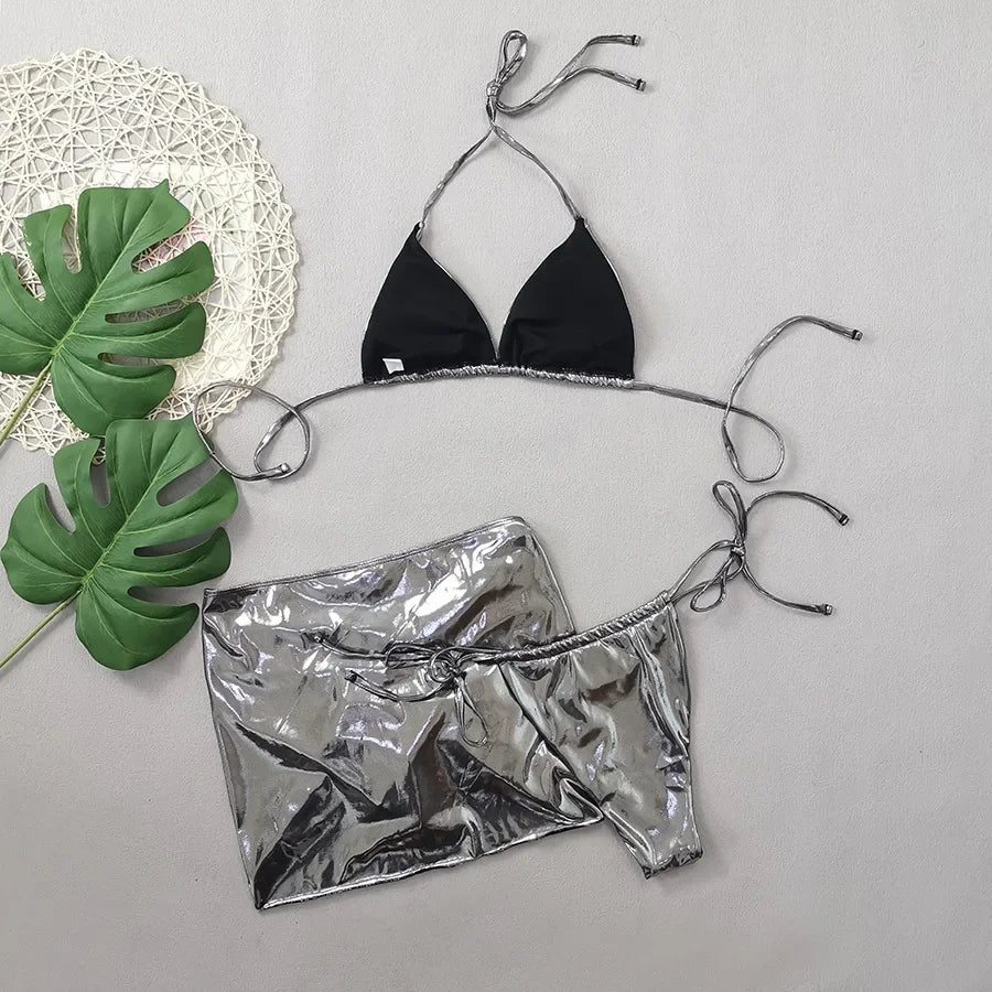 Shiny Golden Silver 3 Piece Bikini Set with Cover Up Sexy Micro Thong Swimsuit Women 2025 Drawstring Halter Swimwear Beachwear