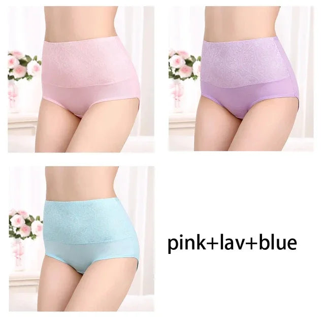 Plus Size Women's Cotton Underwear High Waisted Tummy Control Panties Full Coverage Briefs Jacquard Ladies Panty 3 Pack