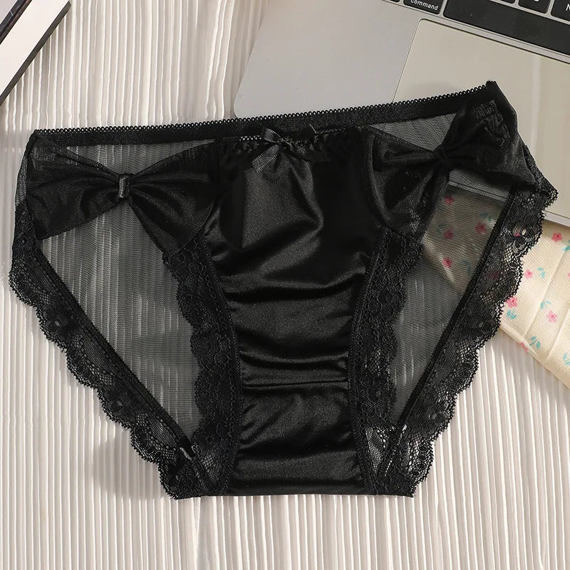 Women Sexy Satin Lace Mesh Transparent Bow Underwear Cute Lovely Sweety Princess Panties Ruffles Breathable Elasticity Breifs