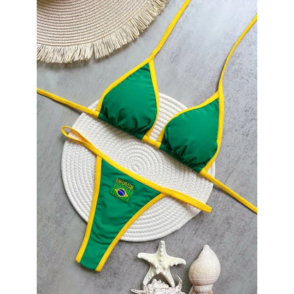 2026 Fashion Embroidery Brasil Flag Contrast Split Bikini Set Women Swimwear Patchwork Swimsuit Hottie Outfit SummerBeachwear