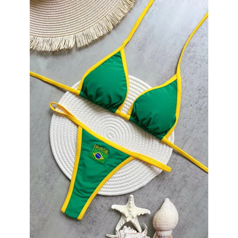 2026 Fashion Embroidery Brasil Flag Contrast Split Bikini Set Women Swimwear Patchwork Swimsuit Hottie Outfit SummerBeachwear