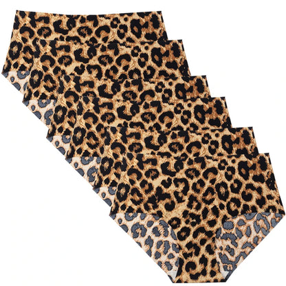 6pcs Women's Seamless Ice Silk Panties Female Mid Waist Plus Size Leopard Print Underwear Girls Fashion Brief Lady Comfort Panty