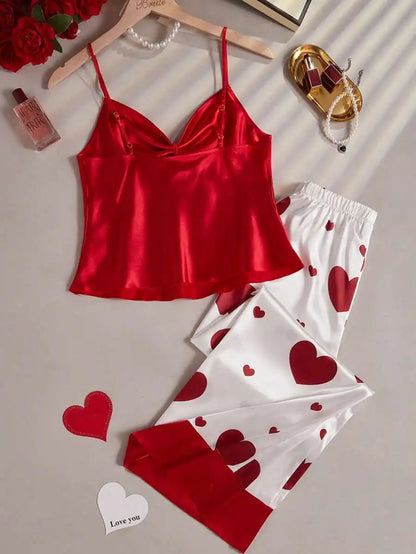 Women Satin Silk Pajamas Sets 2pcs Camisole Top With Tie Knot Heart Print Wide Leg Pants Sleepwear Ladie Sexy Lingerie Pyjamas