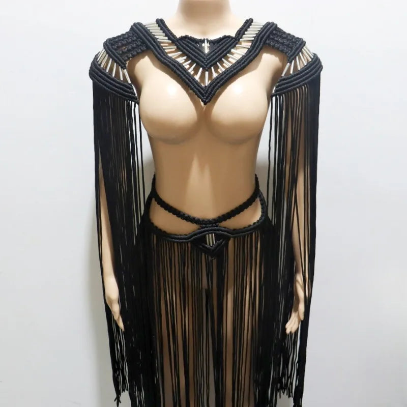 Leosoxs Bikini Cover Ups Hand Crochet Knitted Women 2025 Summer Holiday Tassel Beach Bathing Suit Hollow Out Skirts Matching Set