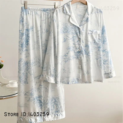 Elegant Silk Satin Women Pajamas Set Lounge Wear Sexy Lingerie Long Sleeve Trouser Pijamas Suit Loose Casual Sleepwear Homewear