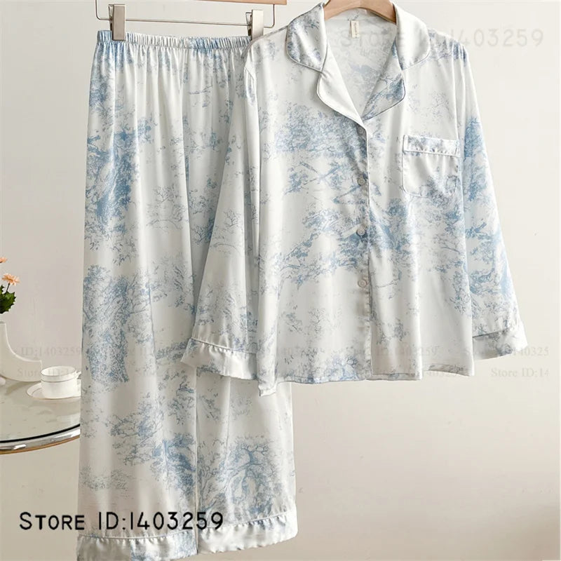 Elegant Silk Satin Women Pajamas Set Lounge Wear Sexy Lingerie Long Sleeve Trouser Pijamas Suit Loose Casual Sleepwear Homewear
