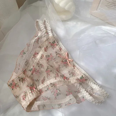 Women's panties Cross waistband Hipsters Low Rise Lace Strappy Panties Transparent Mesh Floral Pattern Sweet Bowknot Underwear B