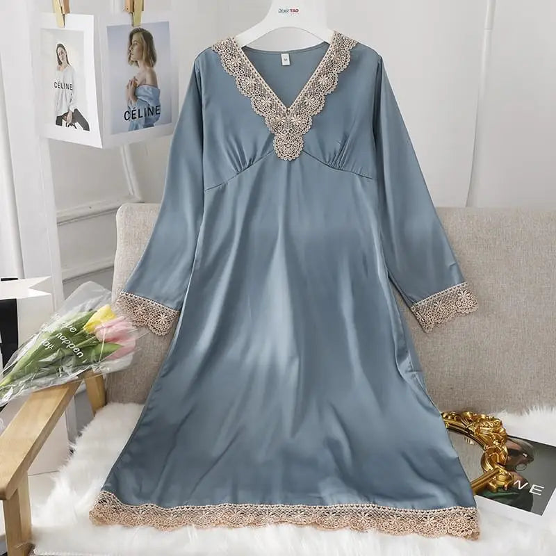 Female Long Nightdress Sexy Hollow Lace Sleepwear Home Dress Palace Style Princess Nightgown Nightwear Casual Satin Loungewear