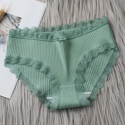 Cotton Sexy Lace Mid Waist Underwear Threaded Brief Solid Color Skin Friendly Ladies Underpant Breathable Fashion Casual Panties