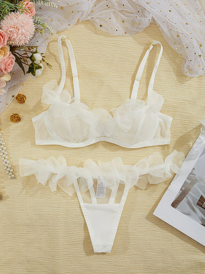 Sexy Lingerie Tulle Bowknot Bra Set Women See Through Lingerie Romantic Bilizna Set Three-Point Intimate Outfit Sexy Underwear