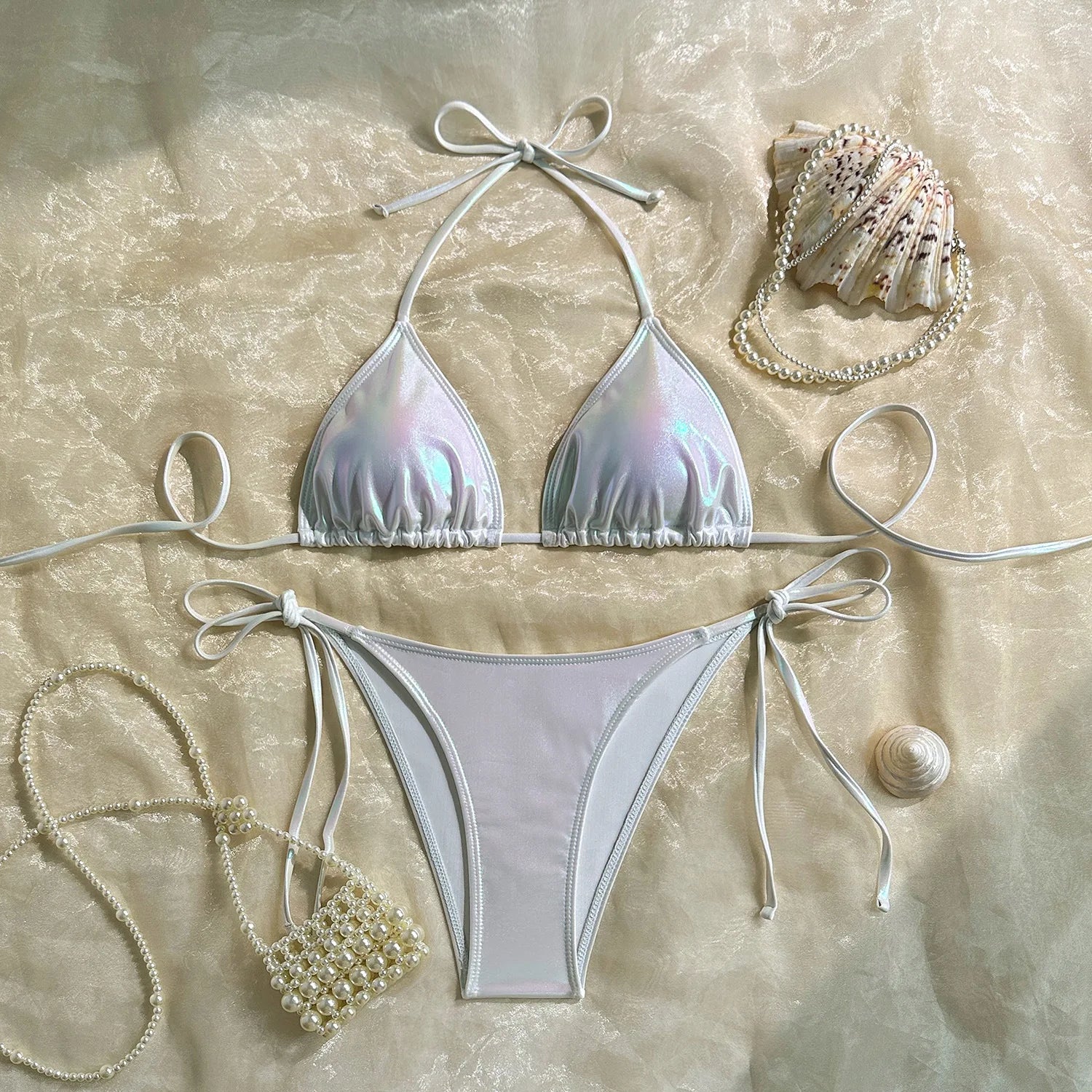 Sexy Triangle Push Up Bikini Metallic Brazilian Swimwear Women Golden Silver Side String Bikini Bathing Suit Beach Wear Biquini