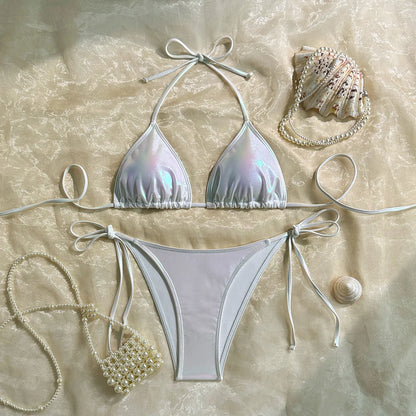 Sexy Triangle Push Up Bikini Metallic Brazilian Swimwear Women Golden Silver Side String Bikini Bathing Suit Beach Wear Biquini