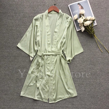 Sexy Embroider Edge Lady Kimono Bathrobe Dress Gown Mesh Sleeve Wedding Long Robe Sleepwear Loose Silk Satin Nightwear Lingerie