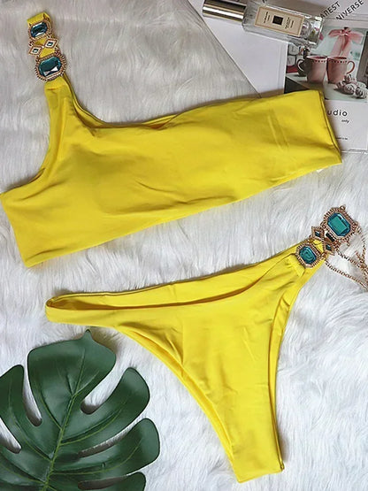 2025 Shiny Rhinestone Diamond Bikini Women Swimsuit Female Swimwear Two Pieces Bikini Set Halter Metal Chains Bathing Suit Swim