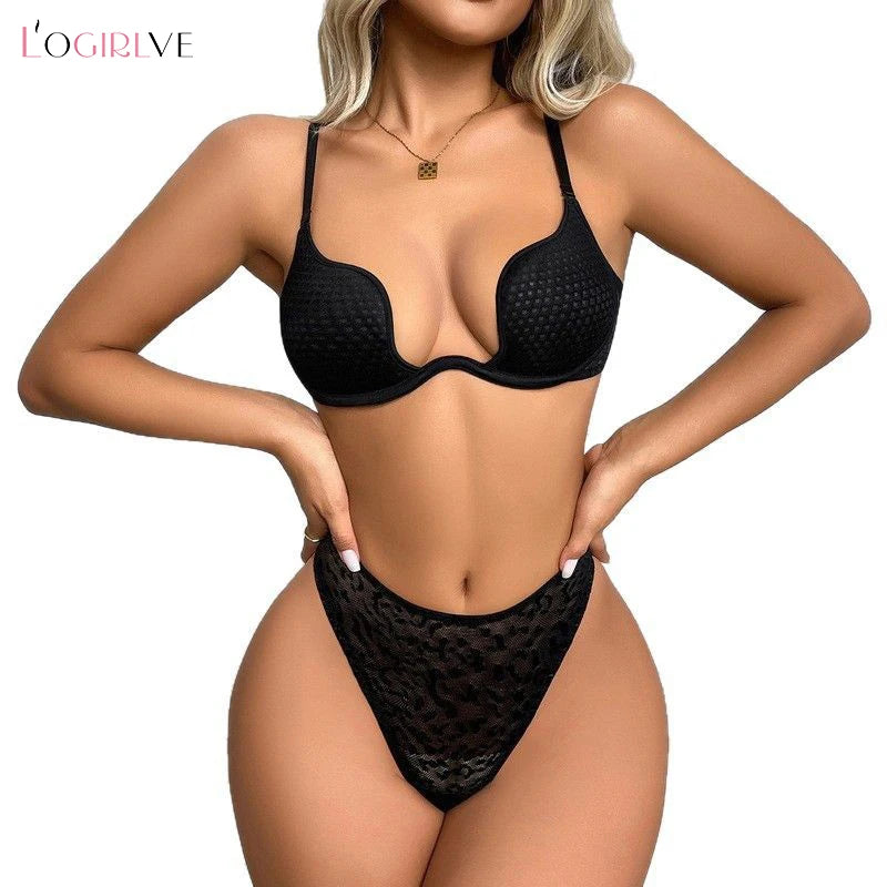 Logirlve Leopard Print Push-Up Bra Women's Sexy Lingerie U-Back Thin Brassiere plus Size Bras Set for Enhanced Bust Shape