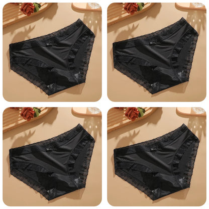 4Pcs Ice Silk Lace Panties Seamless Soild Underwear For Women Sexy Ultra-thin Breathable Briefs Girls Soft Transparent Lingerie