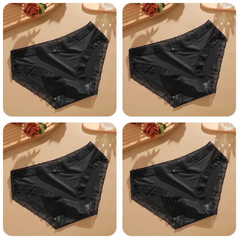 4Pcs Ice Silk Lace Panties Seamless Soild Underwear For Women Sexy Ultra-thin Breathable Briefs Girls Soft Transparent Lingerie