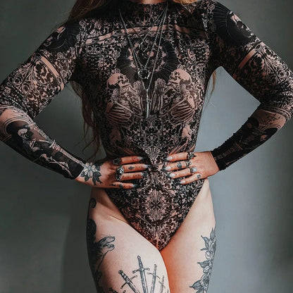 Gothic Print Naked See Through Bodycon Jumpsuits Y2K Lace Mesh Long Sleeve Slim Bodysuits Women Summer T-Shirts Tops Streetwear