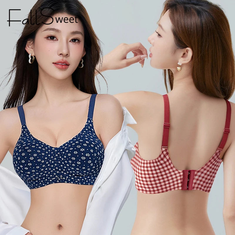 FallSweet Classical Red Plaid Push Up Bra for Women Seamless Wireless Bralette Female Invisible Brassiere Small Breasts Lingerie
