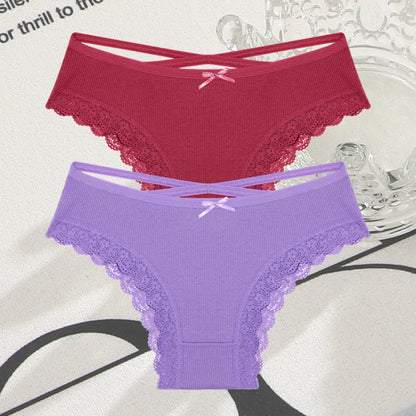 2PCS Cotton Panties for Women Sexy Lace Brazilian Briefs Female Low-Waist Cross Webbing Underpants Stretch Breathable Intimates