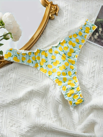 5-piece mixed fruit pattern pure cotton ruffled women's thong, wrinkled comfortable women's underwear