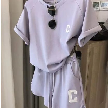 2 Piece Set Women Summer Sleepwear Loose Short Sleeve T-Shirt Casual Shorts Sports Print Letter Suit Large Size Short Pajamas