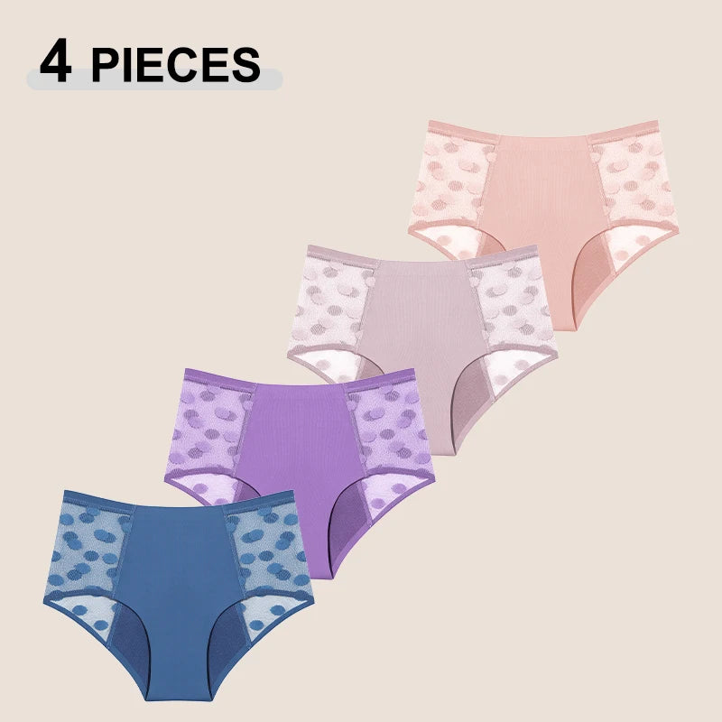 4Pcs/Set Absorption Leakproof Menstrual Period Briefs Seamless Lace Polka Dot Breathable Physiological Underwear Female Lingerie