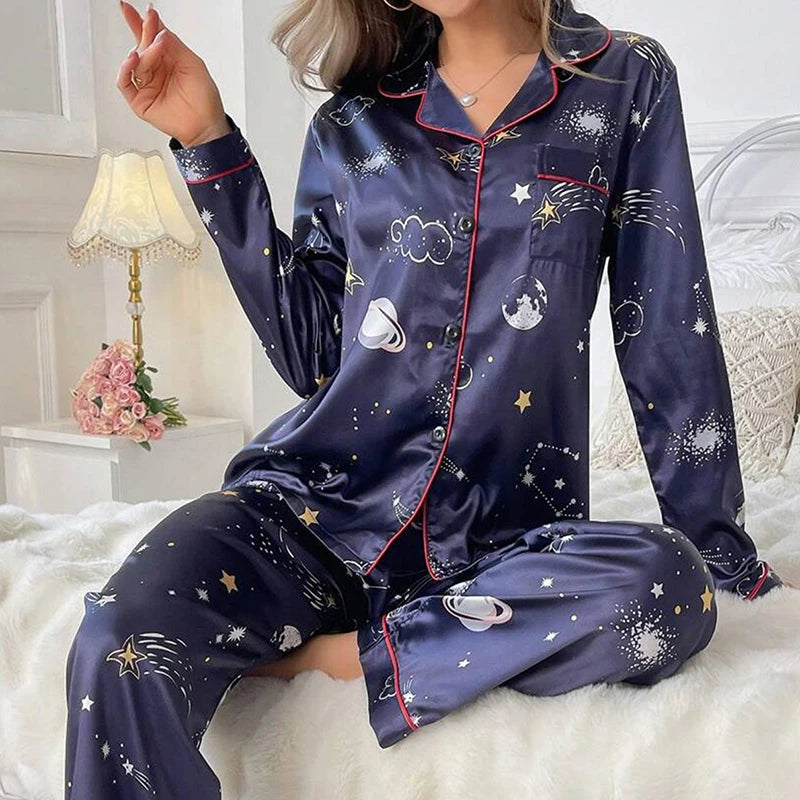 Cute Cat Print Pajama for Women Satin Long Sleeve Lapel Collar Tops & Pants Pyjama Loungewear for Fall Ladies Sleepwear Pj Sets