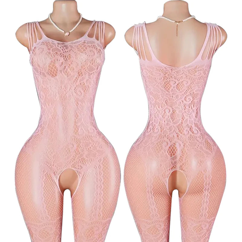 See Through Erotic Open Crotch Lingerie Women Mesh Hollow Bra Set Sexy Bodysuit Lace Rose Print Bodystockings Porn Underwear Set