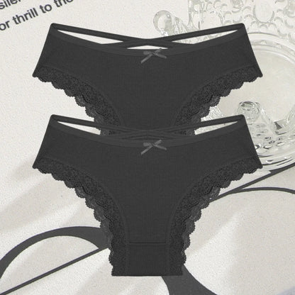 2PCS Cotton Panties for Women Sexy Lace Brazilian Briefs Female Low-Waist Cross Webbing Underpants Stretch Breathable Intimates