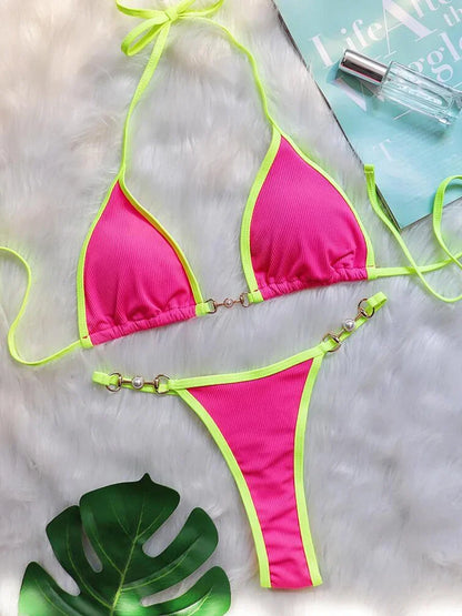 Sexy Halter Pearl Extreme Mini Micro Bikini Female Swimsuit Women Swimwear Two-pieces Bikini set Ribbed Bather Bathing Suit Swim
