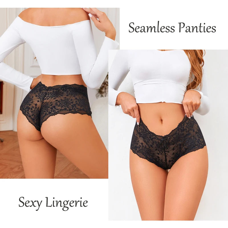 5Pcs/Set Sexy Lace Perspective Panties Solid Color Hollow Out High Waist Star Boyshort Female Elastic Transparents Boxer Shorts