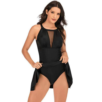 Women Swimdress With Shorts Sexy Hollow Out Mesh Swimwear 1 Piece Slim Black/Red/Dark Blue Solid Swimsuit Light luxury Beachwear