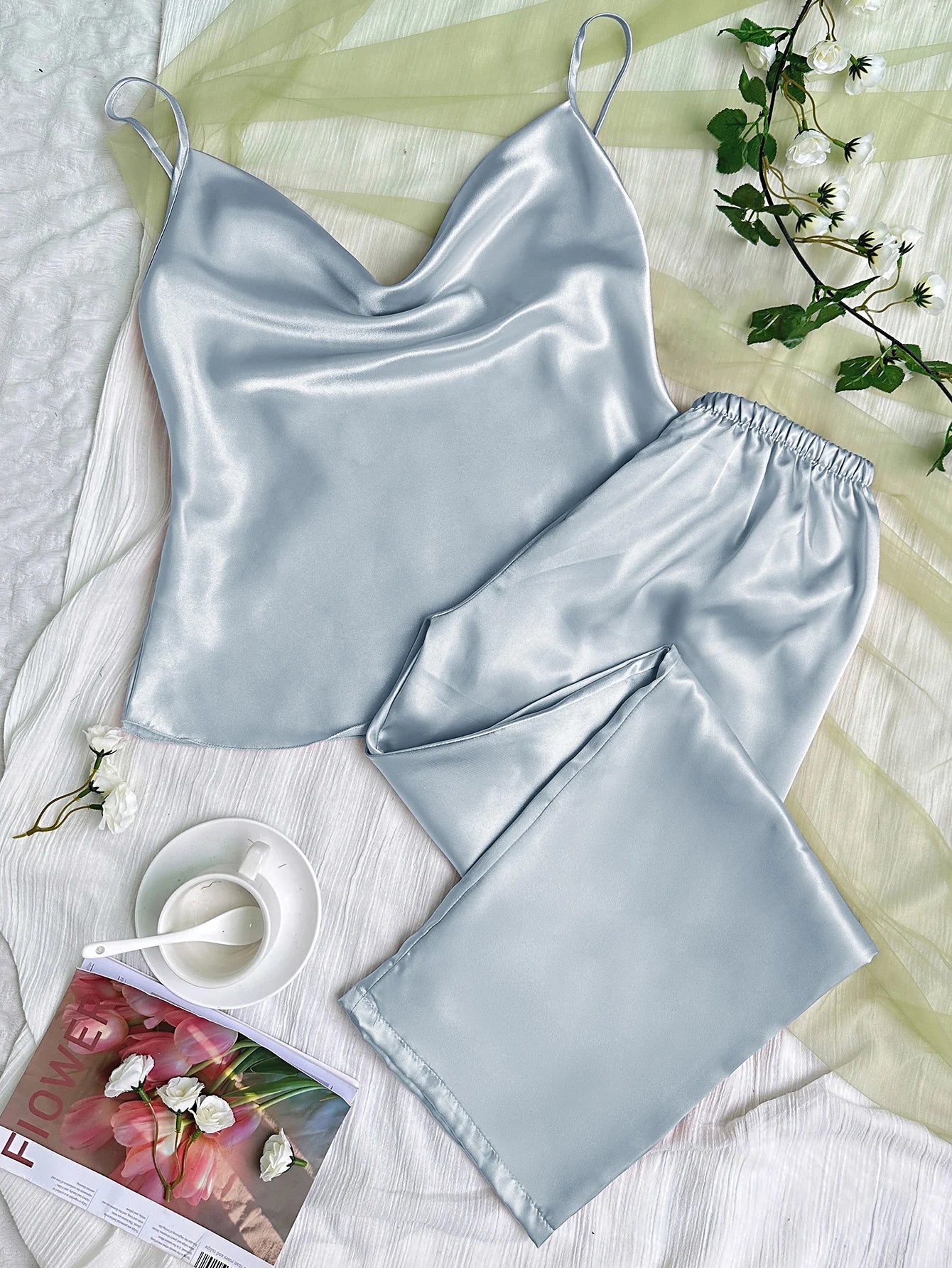Solid Satin Pajama Set Draped Collar Cami Top Elastic Waistband Pants Women's Sleepwear Loungewear