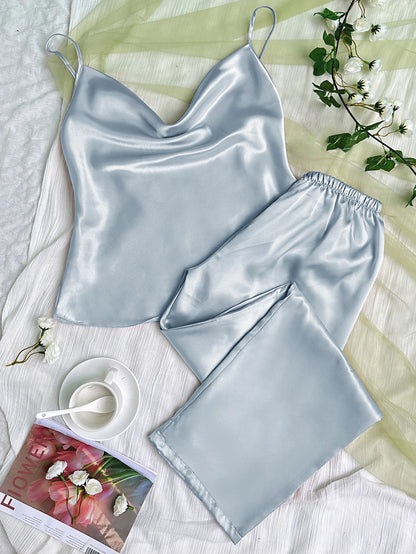 Solid Satin Pajama Set Draped Collar Cami Top Elastic Waistband Pants Women's Sleepwear Loungewear