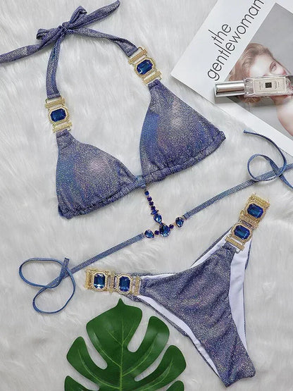 2025 Shiny Rhinestone Diamond Bikini Women Swimsuit Female Swimwear Two Pieces Bikini Set Halter Metal Chains Bathing Suit Swim