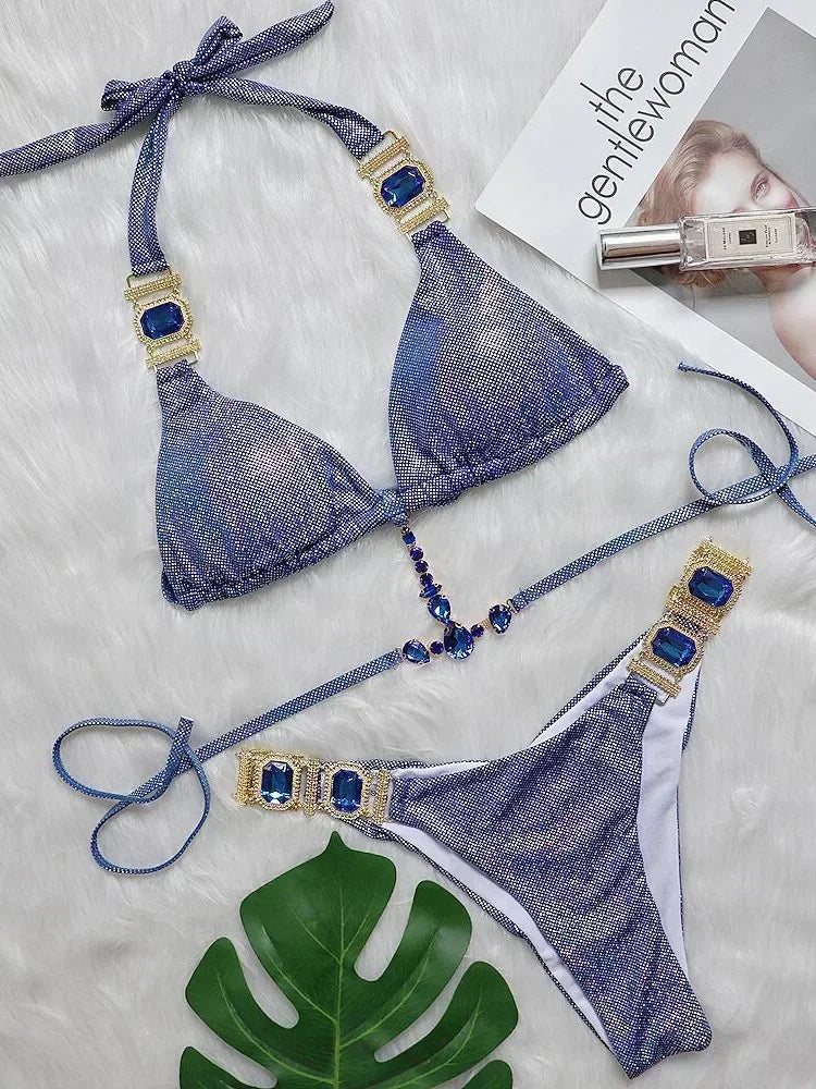 2025 Shiny Rhinestone Diamond Bikini Women Swimsuit Female Swimwear Two Pieces Bikini Set Halter Metal Chains Bathing Suit Swim