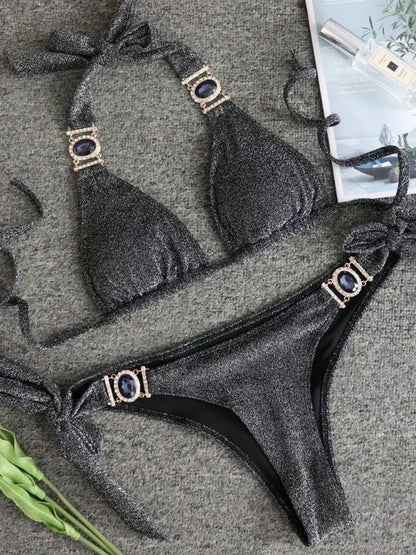 2025 Shiny Rhinestone Diamond Bikini Women Swimsuit Female Swimwear Two Pieces Bikini Set Halter Metal Chains Bathing Suit Swim