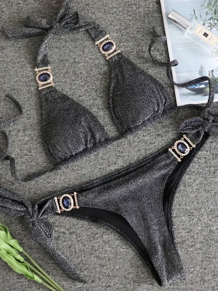2025 Shiny Rhinestone Diamond Bikini Women Swimsuit Female Swimwear Two Pieces Bikini Set Halter Metal Chains Bathing Suit Swim